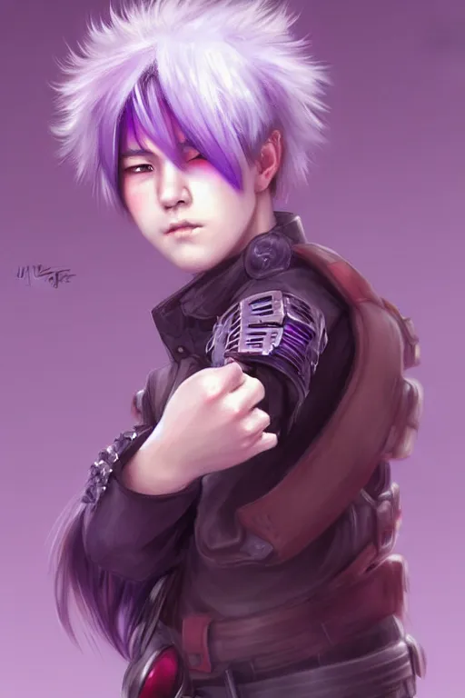 Image similar to gorgeous!!! hyper - realistic teenager boy with purple hair, purple eyes with red eye markets, wearing combat japanese clothes, holding a fan | drawn by wlop, drawn by jeehyung lee, drawn by artgerm | intricate, highly detailed, digital painting, character design, concept art, illustration, artstation