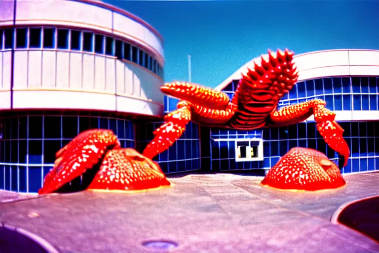 Image similar to 1 9 8 5 crab themed giant aquarium, googie architecture, one point perspective, americana, fishcore, exterior photography, hd 8 k, photography cinestill