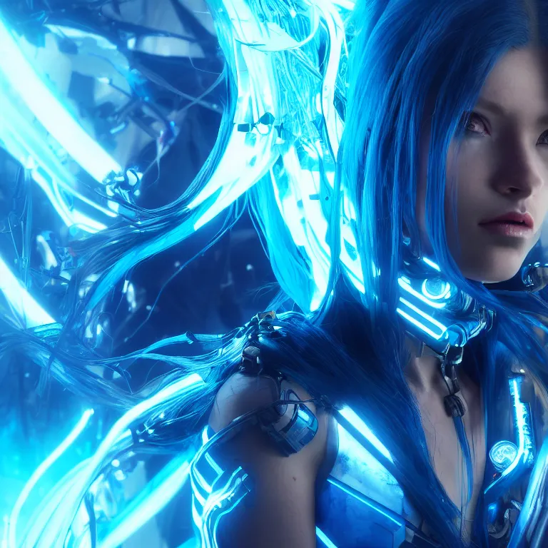 Image similar to beautiful cinematic fantasy poster, a cyberpunk cyborg female with brilliant blue flowing hair, beautiful blue glowing gold eyes, wideshot ultrawide angle epic scale, in the style of Mika Koskensalmi, Jason Chan, art station; cinematic quality character render; low angle; ultra high quality model; production quality cinema model;