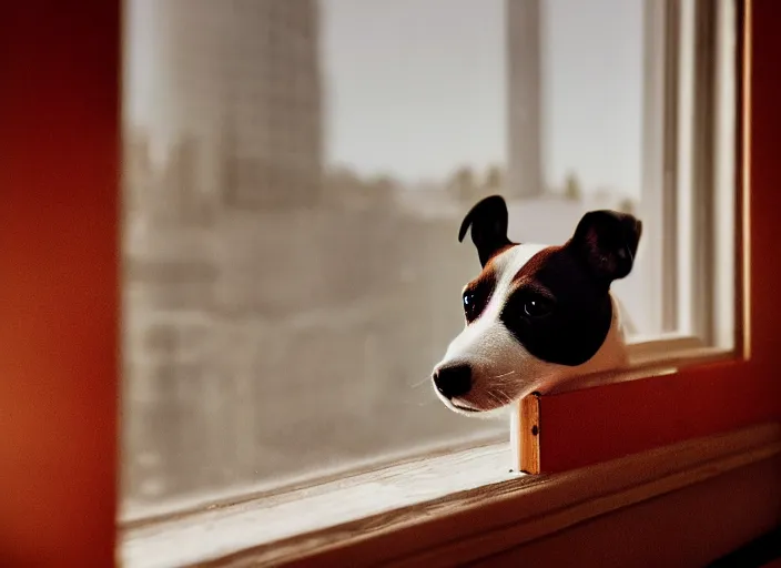 Image similar to photography of a Jack Russel . watching outside the window. on a bed. in a 70's room full of vinyls and posters, photorealistic, award winning photo, 100mm, sharp, high res