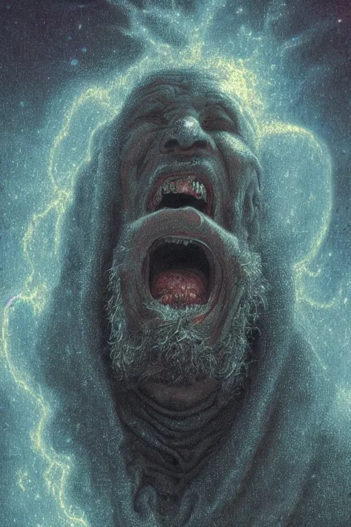 Image similar to an old man screams and a tornado comes out of his mouth by artgem and les edwards, gustave dore, highly detailed, high contrast, light reflection, trippy, nebula, trending on artstation