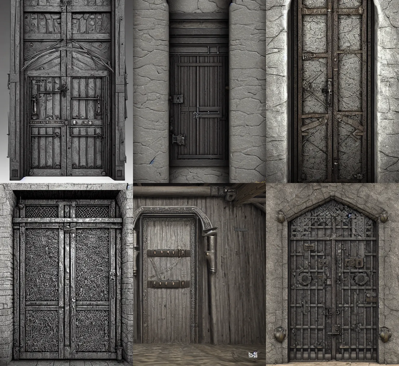 Prompt: medieval door with black steel bars and black knobs, unreal engine, joongwon jeong, detailed and intricate environment