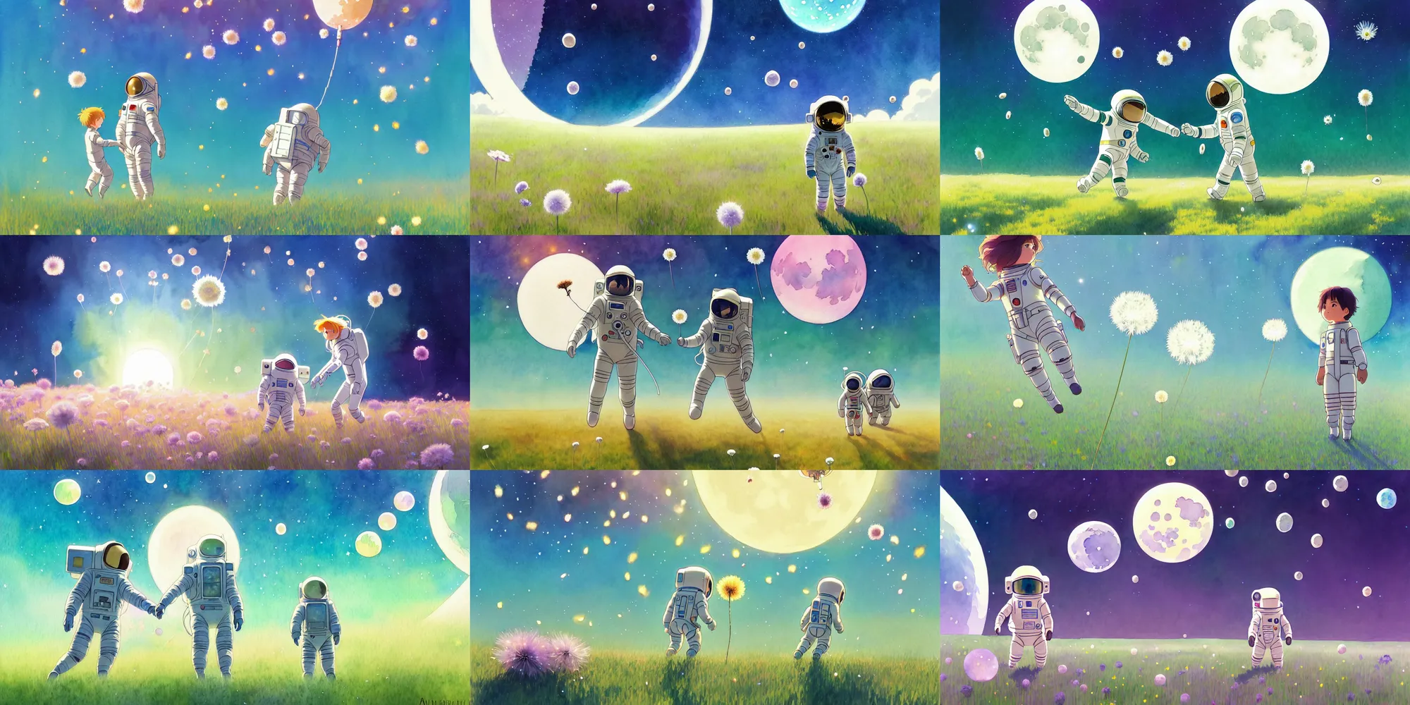 Prompt: a wholesome animation key shot of astronaut taking the first step on the grass moon, studio ghibli, pixar and disney animation, sharp, disney concept art watercolor illustration by mandy jurgens and alphonse mucha and alena aenami, pastel color palette, dandelion seeds float, bloom, dramatic lighting