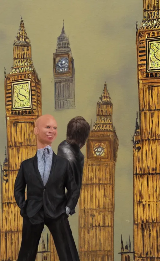 Image similar to detailed photorealistic painting of a man with a miniature big ben between his legs