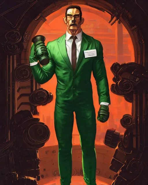 Image similar to luigi bodybuilder in a expensive suit, ernest khalimov body by krista sudmalis, fantasy character portrait, ultra realistic, futuristic background by laurie greasley, concept art, intricate details, highly detailed by greg rutkowski, ilya kuvshinov, gaston bussiere, craig mullins, simon bisley