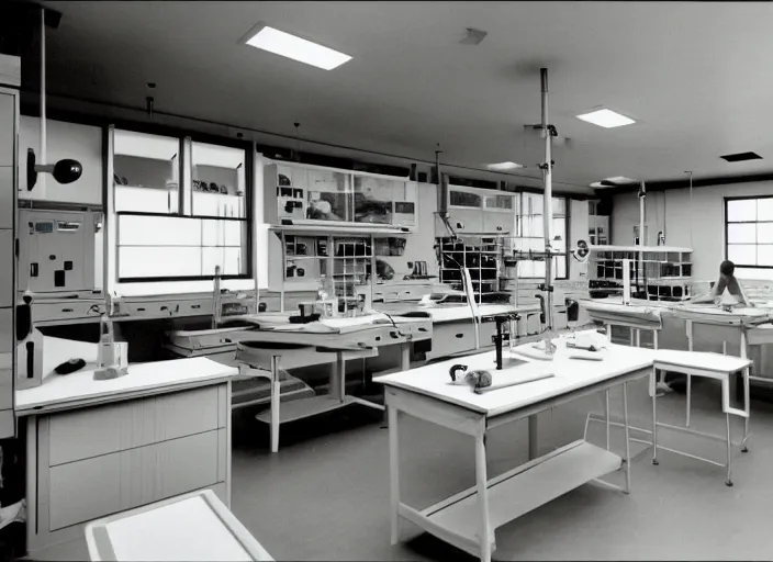Prompt: realistic interior photo of wooden science laboratory, with white plastic appliances 1 9 9 0, life magazine photo