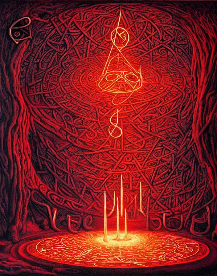 Image similar to beautiful painting of a summoning circle spell with runes in a dark cave, tarot, complex environment, by johfra bosschart, fractals, red liquid glowing metal veins, details