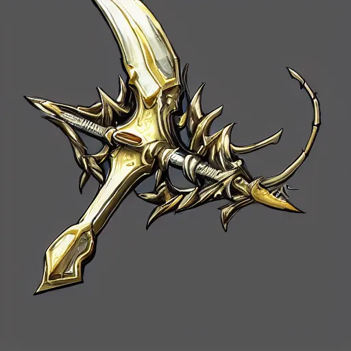 Image similar to concept art of silver gold scythe weapon, scythe design, fantasy scythe, fantasy, behance, pinterest, deviantart, artstation, weapons concept art, design, rpg, weapon, detailed, digital art, incredible, digital painting