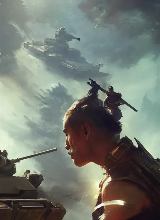 Image similar to side profile of a filipino fighter holding a scepter next to a tank, fantasy, digital painting, volumetric light, intricate, sharp, focus, bloom, illustration, highly detailed, concept art, matte, ruan jia and greg rutkowski, masterpiece