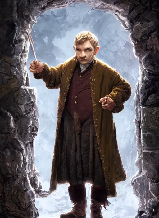 Image similar to A fantasy comic book style portrait painting of Martin Freeman as a hobbit mage in a stunning fantasy fortress, unreal 5, DAZ, hyperrealistic, octane render, RPG portrait, dynamic lighting