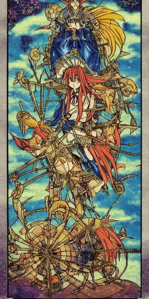 Image similar to a mystical chariot drawn by foxes in japan, 1990s anime, full color, tarot card the chariot,