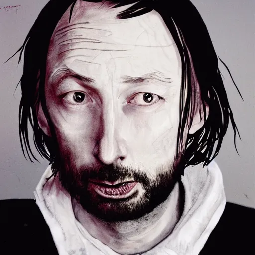 Image similar to Yorke Thom Radiohead yorke thom, with a beard and a black jacket, a portrait by John E. Berninger, dribble, neo-expressionism, uhd image, studio portrait, 1990s