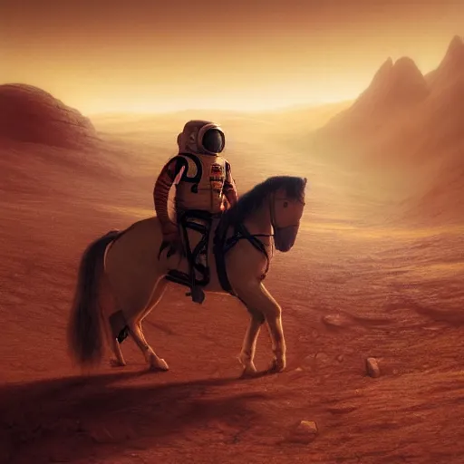 Image similar to portrait of the astronaut riding a horse in Mars, realistic character concept, high fantasy, light atmosphere, golden ratio, cinematic lighting, hyperdetailed, high resolution, insanely detailed and intricate, artstation, Marc Simonetti, Greg Rutkowski, octane render, unreal engine, 8k