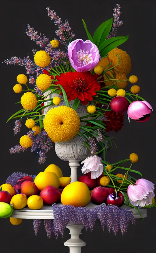 Prompt: still life of flowers and fruit, centered, complex 3 d render, ultra detailed, intricate, 8 5 mm lens, refined, high definition, photo realism, rembrandt lighting, cherry blossoms, white flowers, red berries, detailed, twigs, lavender, yellow st joseph lily, peonies, foliage, marigold, tulips, blue iris,