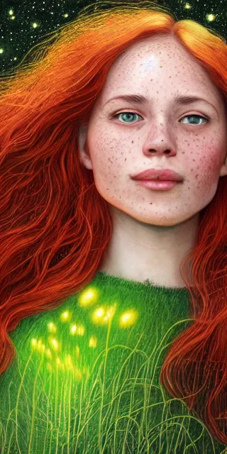 Image similar to infp young woman, smiling amazed, golden fireflies lights, sitting in the midst of nature fully covered, long loose red hair, intricate linework, bright accurate green eyes, small nose with freckles, oval shape face, realistic, expressive emotions, dramatic lights spiritual scene, hyper realistic ultrafine art by michael cheval, jessica rossier, boris vallejo