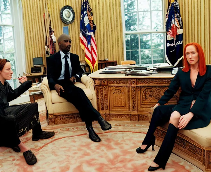 Image similar to Jen Psaki and Tupac Shakur acting fools high on LEAN in the oval office , Photograph By Rineke Dijkstra; by Yoichi Okamoto