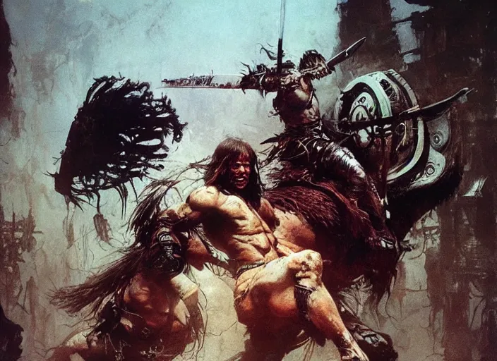 Image similar to conan the barbarian, intricate, elegant, highly detailed, vivid colors, john park, frazetta, sparth, ruan jia, jeffrey catherine jones