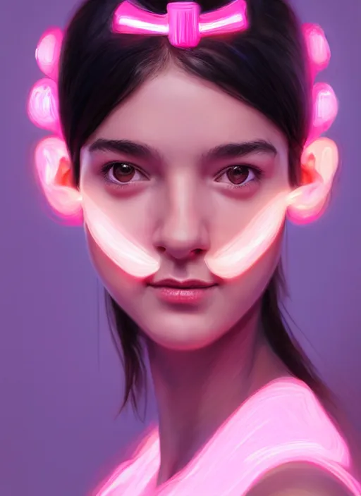 Image similar to portrait of teenage girl, narrow face, black hair, bangs, half updo hairstyle, skinny, smile, unattractive, defined jawline, big chin, wearing pink hair bow, earrings, intricate, elegant, glowing lights, highly detailed, digital painting, artstation, sharp focus, illustration, art by wlop, mars ravelo and greg rutkowski