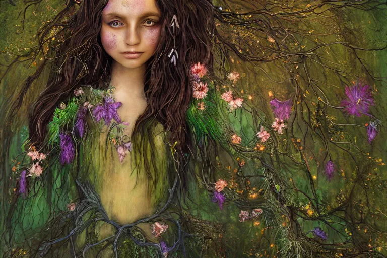 Prompt: portrait of a magical forest dryad, flowers on heir cheeks, very big eyes, dressed in a green robe, colorful flowers growing from her head, branches growing as hair, brown skin like soil, glowing ember eyes, golden sunlight, queen of the forest, extremely detailed, realistic, photo by annie leibovitz, masterpiece, award-winning, mythological, mossy, grass, oil on canvas, soft colors, wide shot, very low angle photograph, simon stålenhag