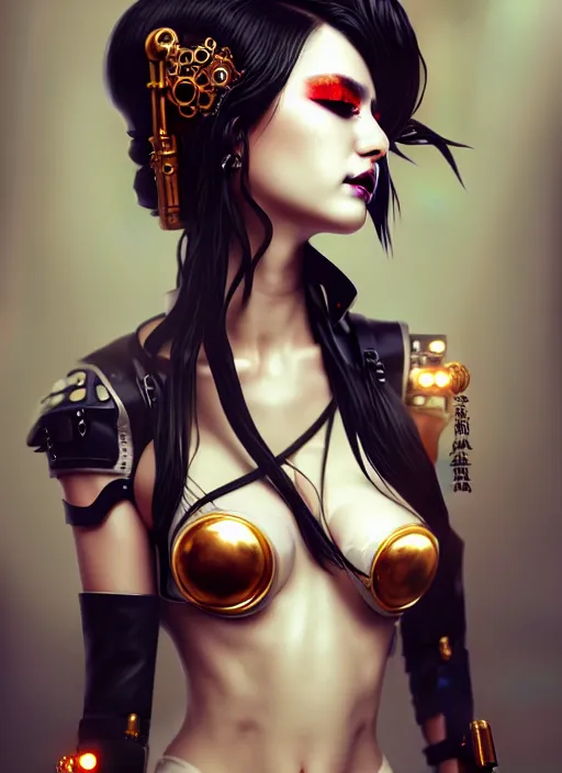 Prompt: soft lustrous ivory ebony geisha yakuza raver gutter punk gothic biotech steampunk cyborg, golden ratio, details, scifi, fantasy, cyberpunk, intricate, decadent, highly detailed, digital painting, octane render, artstation, concept art, smooth, sharp focus, illustration, art by artgerm, loish, wlop