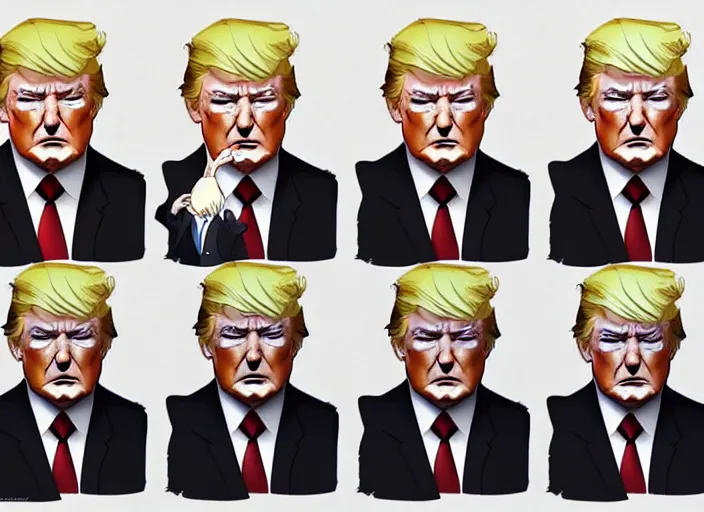 Image similar to character model sheet of donald trump by greg rutkowski, by studio ghibli and ross tran, digital art, trending on artstation, highly detailed, illustration, concept art, elegant, beautiful, masterpiece