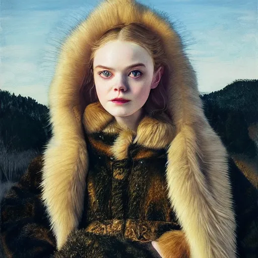 Image similar to Elle Fanning in a fur coat, religious masterpiece portrait, oil on canvas, golden hour, in the world of Andrew Wyeth, artstation, by J. C. Leyendecker and Peter Paul Rubens,