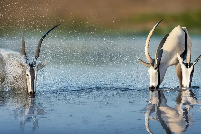 Image similar to ultra realistic nature photography, panoramic picture of ( subject : a beisa oryx drinking at a water hole ). wavy, scattered light entering from the water surface, artstation, focus on the beisa oryx, extremely hyperrealistic crisply sharp oryx, 8 k