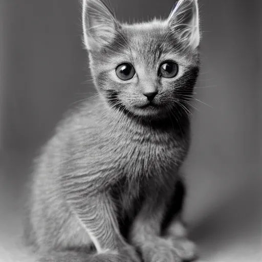 Image similar to a portrait photo of a cute solid gray kitten wearing a tuxedo by edward weston, auto graflex, 2 1 0 mm ƒ / 6 4 zeiss tessar, agfa isopan iso 2 5, pepper no. 3 5, 1 9 3 0, high quality photo, highly detailed, studio lighting, fine - art photography, tack sharp