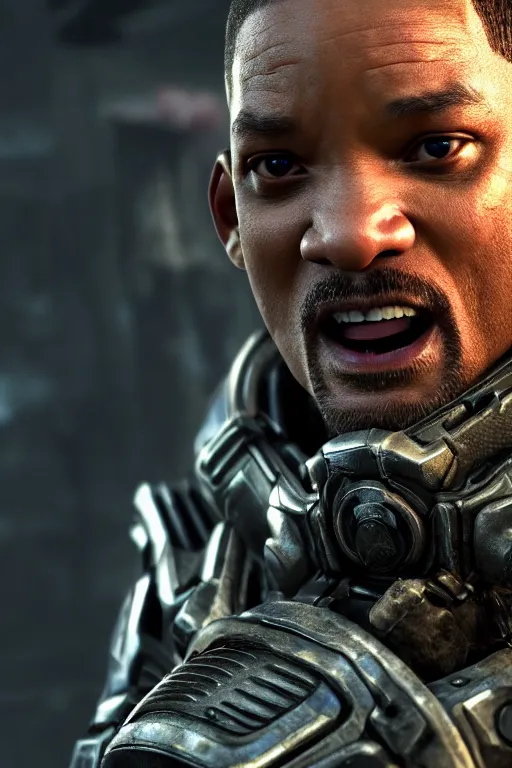 Image similar to Will smith as a muscular Gears of War character, photorealism, half body, HDR ambient background, unreal engine 5, hyperrealistic, highly detailed, XF IQ4, 150MP, 50mm, F1.4, ISO 200, 1/160s, cinematic lights, Adobe Lightroom, photolab, Affinity Photo, PhotoDirector 365, realistic