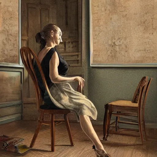 Prompt: a small woman with difficulties to reach the floor when sitting in a tall chair, hyper realistic, high detail,