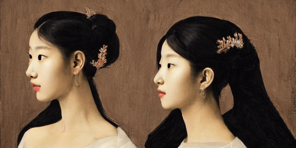 Image similar to a portrait of Kim Ji-soo as a very beautiful goddess with halo behind her head, seductively looking in front, beautiful aesthetic face, in the style of Caravaggio and Vermeer, realistic, dark, dramatic lighting