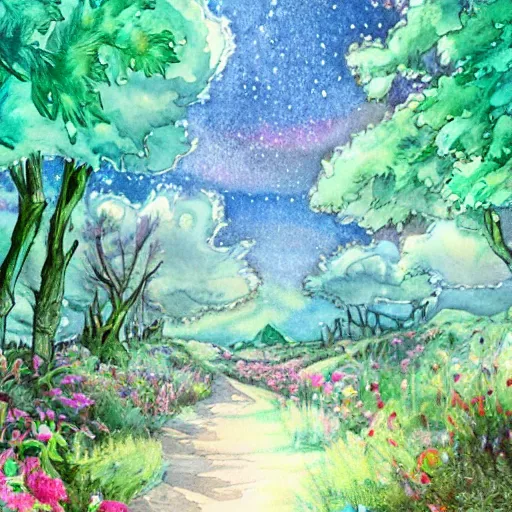 Prompt: Welcome to wonderland, I'll be your guide, Holding your hand under sapphire skies. Let's go exploring, or maybe just go for a walk? watercolor style, detailed, lighting, landscape