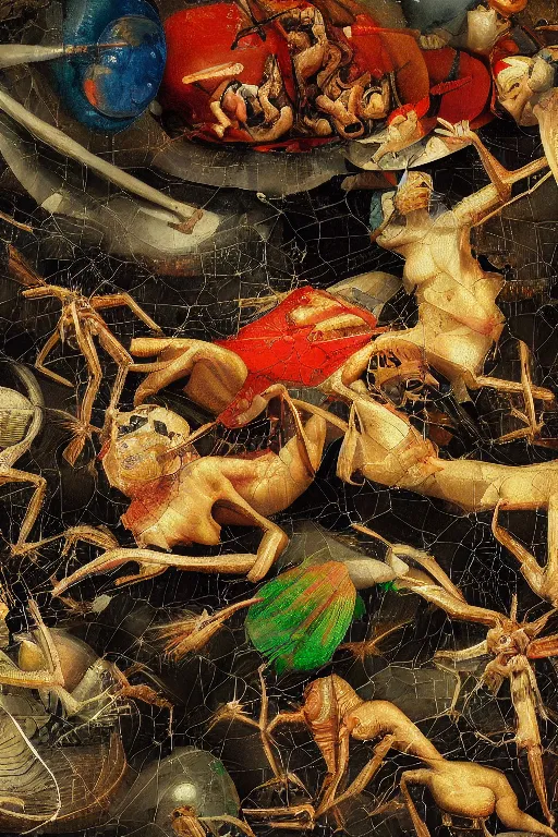 Image similar to hyperrealistic abstract close - up renaissance psychedelic!! on the canvas of pieter brueghel cybernetic spiders!!! the figures of women are crawling along the slug!!! octane render, hd