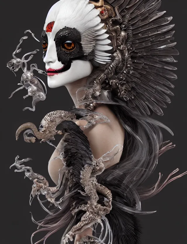 Image similar to 3 d goddess of death close - up profile portrait with ram skull. beautiful intricately detailed japanese crow kitsune mask and clasical japanese kimono. betta fish, jellyfish phoenix, bio luminescent, plasma, ice, water, wind, creature, artwork by tooth wu and wlop and beeple and greg rutkowski