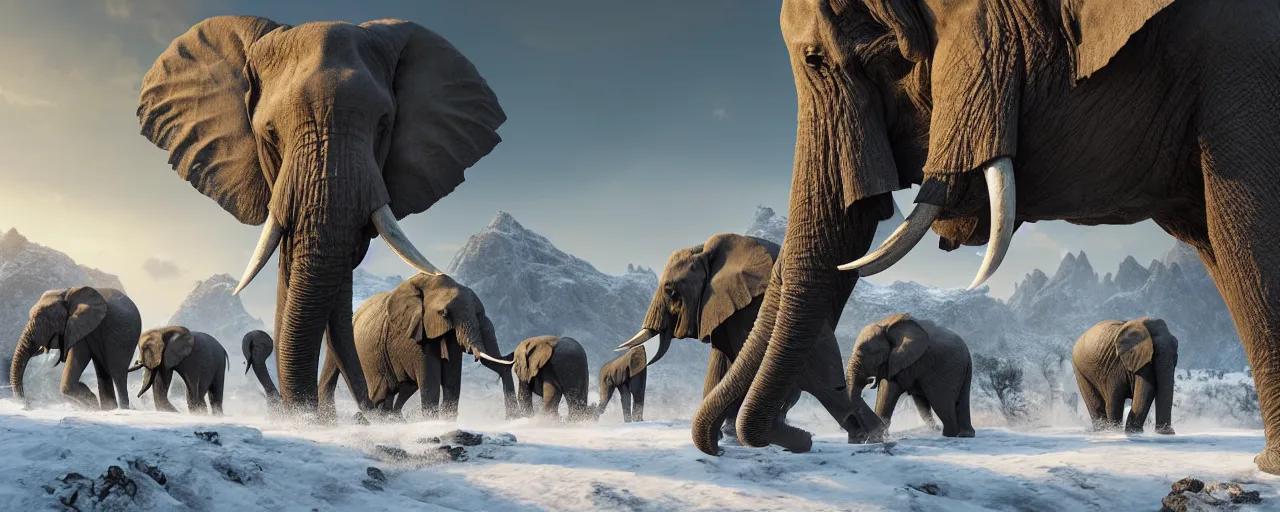 Prompt: African elephants wearing battle armor marching in snow mountain landscape, beautiful dynamic lighting, cinematic, wide angle establishing shot, extremely high detail, photo realistic, cinematic lighting, post processed, concept art, artstation, matte painting, style by frederic church, raphael lacoste, unreal engine 8k