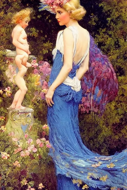 Image similar to Grace Kelly explaining the birds and the bees in the style of Gaston Bussière, art nouveau, art deco