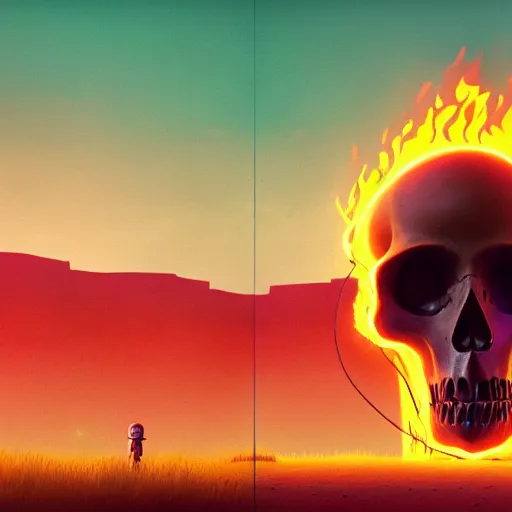 Image similar to A stunning profile of a symmetrical skull on fire by Simon Stalenhag, Trending on Artstation, 8K