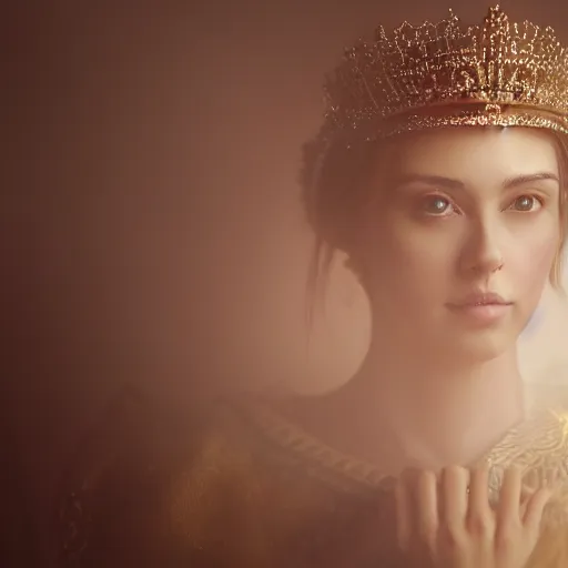 Image similar to a portrait of a beautiful woman wearing a crown, holding a staff, ruler of the world, goddess, princess, silky clothes, light fog, queen of the world, realistic, 8k, ambient lighting, cinematic lighting, depth of field, wide shot,