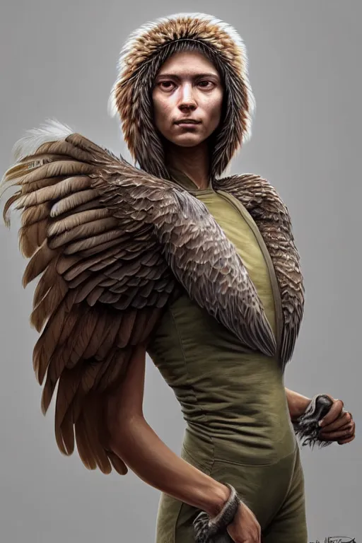 Image similar to epic professional digital art of sitting female human - eagle hybrid wearing human air force jumpsuit, humanoid feathered head, eagle beak, by lisa roet, reyna rochin, ignacio fernandez rios, leesha hannigan, wayne haag, artstation, cgsocietywlop, epic, much wow, much detail, gorgeous, detailed, 4 k