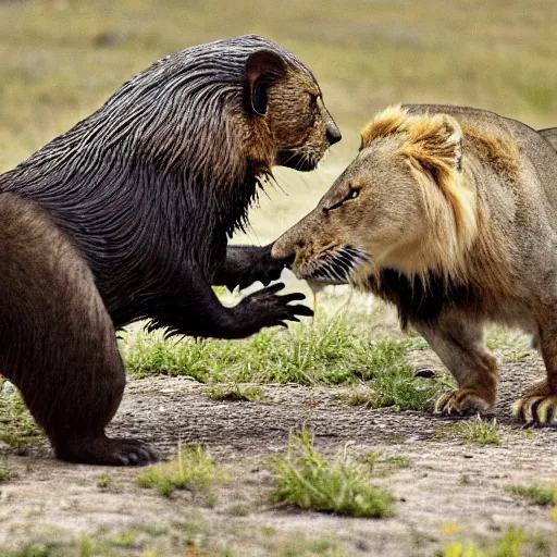 Image similar to a photo of a small beaver trying to take on a lion, the lion is scared.