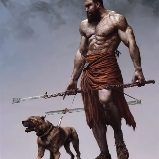 Prompt: portrait of a gruff ranger carrying the holy lance of longinus, Cain, muscular, hairy body, with a dog, intricate, elegant, highly detailed, digital painting, artstation, concept art, matte, sharp focus, illustration, art by Artgerm and Greg Rutkowski and Alphonse Mucha