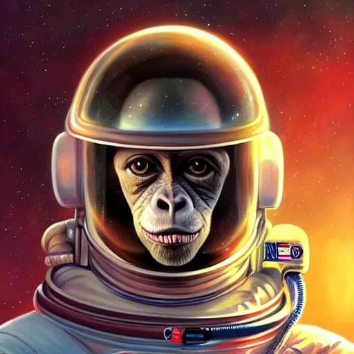 Prompt: Portrait of a space astronaut monkey, fantasy, intricate, highly detailed, digital painting, trending on artstation, sharp focus, illustration, style of Stanley Artgerm