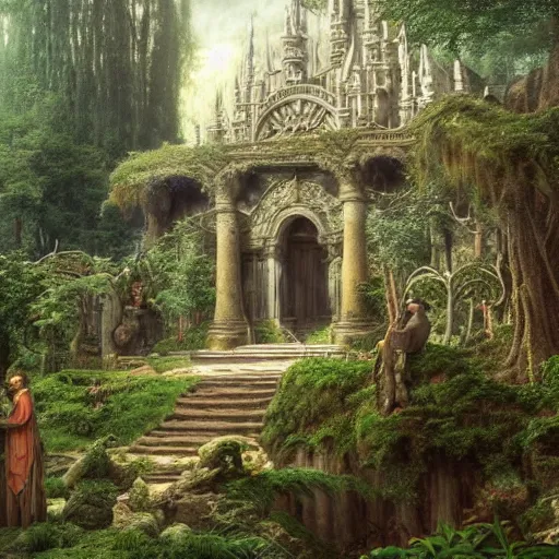 Image similar to a beautiful and highly detailed matte painting of a elven temple in a magical fantasy garden in a lush forest, elk, deer, intricate details, epic scale, insanely complex, 8 k, sharp focus, hyperrealism, very realistic, by caspar friedrich, albert bierstadt, james gurney, brian froud,