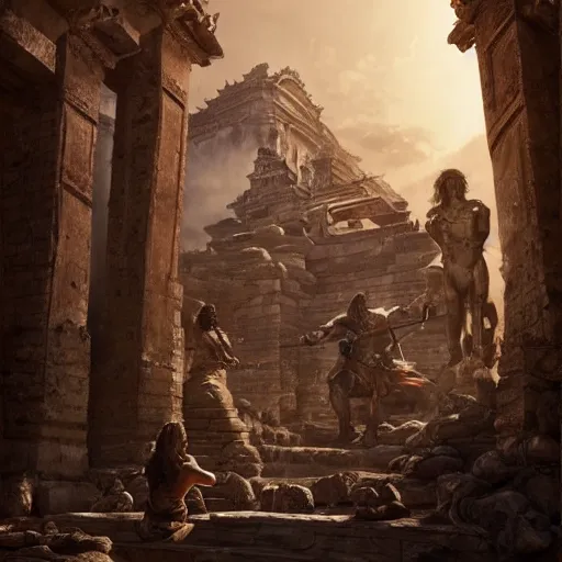Prompt: conan the barbarian in a ancient temple with huge stone statues, backlit, epic, dramatic, ultra detailed, 4K, by greg rutkowski, trending on artstation