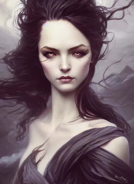 Image similar to photography of a seductive wind swept death, full body portrait, deep focus, d & d, fantasy, intricate, elegant, highly detailed, digital painting, artstation, concept art, matte, sharp focus, illustration, hearthstone, magic the gathering, art by artgerm and greg rutkowski and alphonse mucha