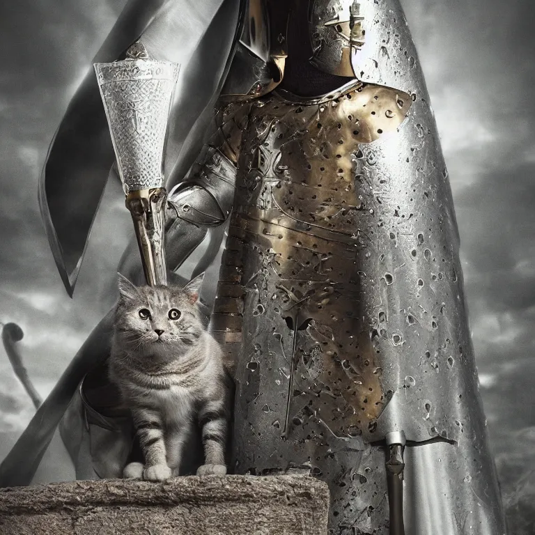 Image similar to an amazing award winning photo of a cat as a knight templar protecting the holy grail, very detailed and sharp, 4k hdr, cinematic masterpiece
