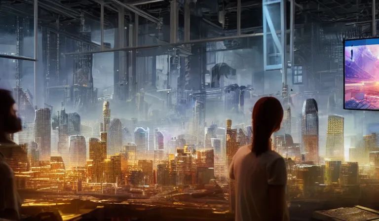 Prompt: group of people in humble warehouse, looking at hologram of futuristic city on a table, cinematic concept art, godrays, golden hour, natural sunlight, 4 k, clear details, tabletop model buildings, center model buildings, hologram center, crane shot, crane shot, crane shot