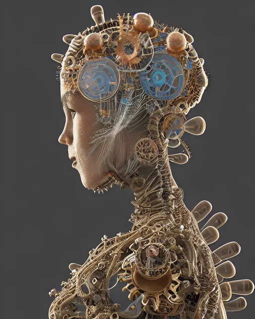 Image similar to Ursula organic bio-mechanical spinal ribbed profile face portrait detail of translucent steampunk beautiful siamese sisters females angelic-human-queen-vegetal-cyborg, highly detailed, intricate trnaslucent ivy jelly ornate, poetic, translucent roses ornate, 3D render, digital art, octane render, 8K artistic photography, photo-realistic, by Dora Maar