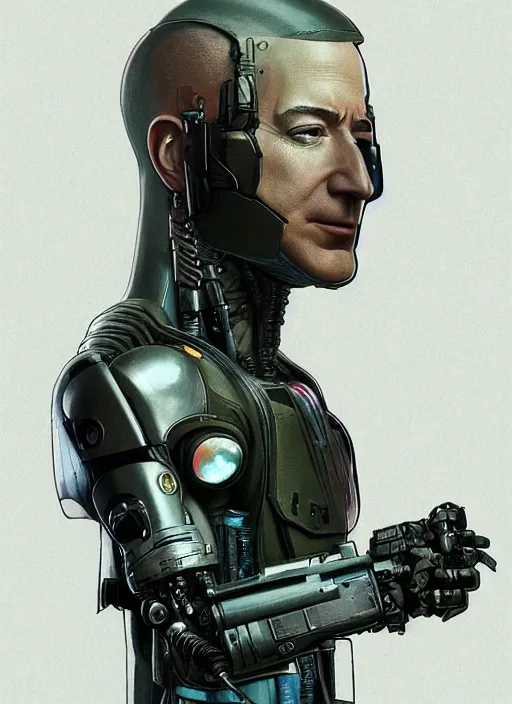 Prompt: jeff bezos as a menacing cyberpunk mercenary with robotic blade arms wearing a military vest and jumpsuit. dystopian. portrait by stonehouse and mœbius and will eisner and gil elvgren and pixar. realistic proportions. cyberpunk 2 0 7 7, apex, blade runner 2 0 4 9 concept art. cel shading. attractive face. thick lines.