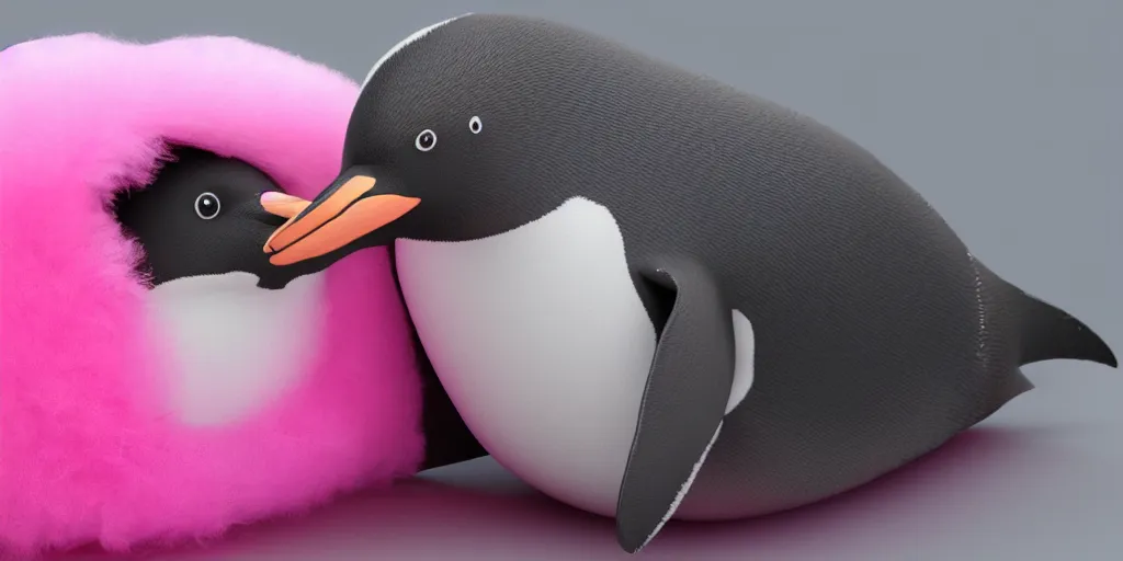 Image similar to realistic penguin sitting in a pink fluffy bed